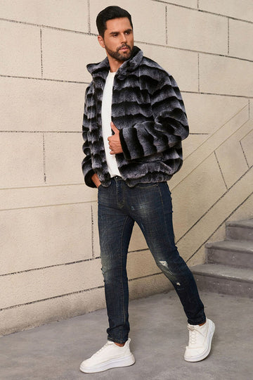 Dark Grey Straps Faux Fur Short Winter Men's Coat